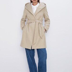 Zara Soft Hooded Coat w/ Waist Belt XS